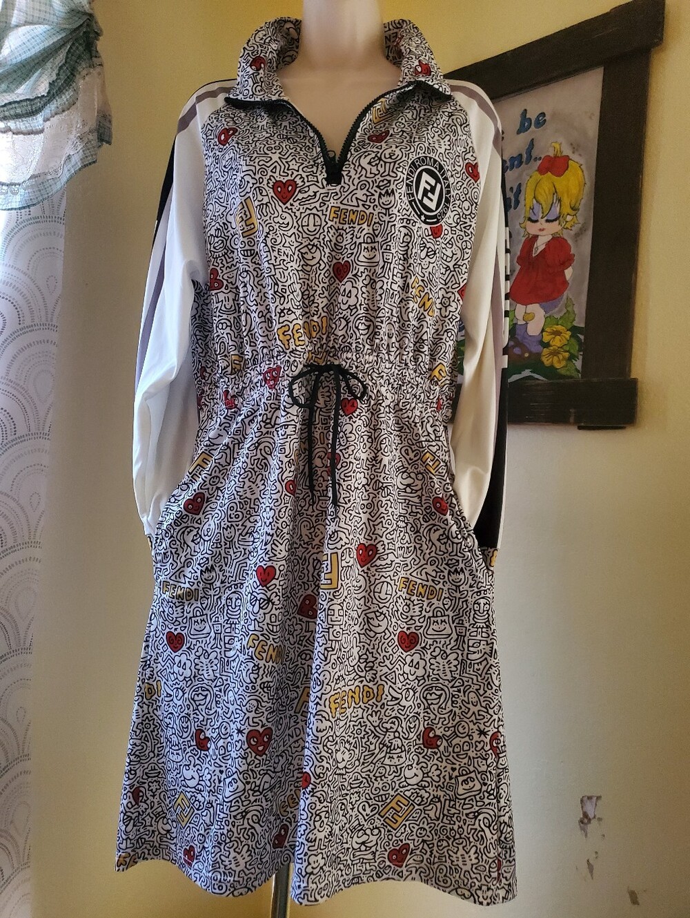 Graphic Logo Drawstring Long Sleeve Dress